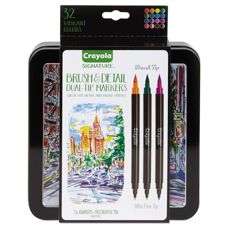 Crayola Brush & Detail Dual Ended Markers, X-Fine Brush/Bullet Tip, Astd, PK16 586501